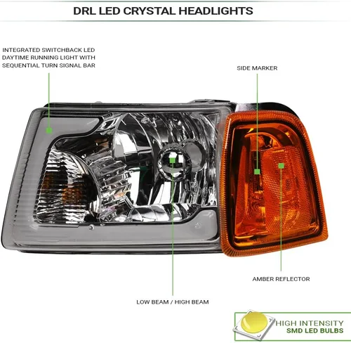 Vista 3 de Switchback - Barra de tubo LED secuencial con carcasa cromada, faros delanteros de cristal con lámparas de esquina de señal, reflector ámbar, 4