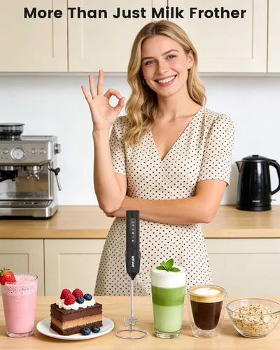 Vista 7 de AMOSA Espumador de leche de mano con soporte, espumador recargable con 3 velocidades y 3 cabezales, espumador de viaje con funda, mezclador de café