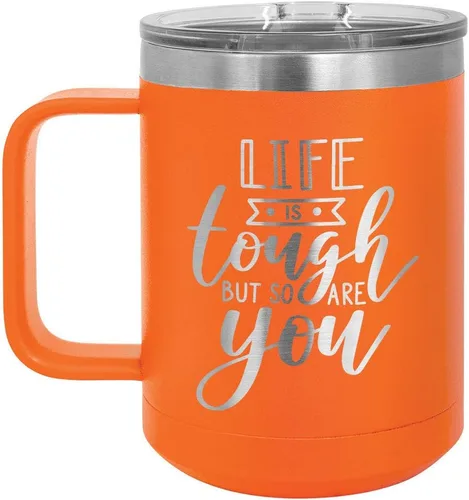 Vista 6 de LIFE IS TOUGH BUT SO ARE YOU Negro Taza de café de 15 oz con tapa deslizante Taza de café de viaje aislada Ideas de regalos de cumpleaños