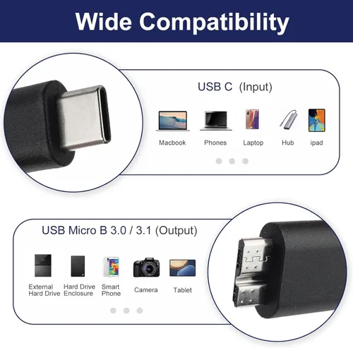 Vista 2 de Cable USB C a Micro USB 3.0 de carga rápida, cable de transferencia de datos de alta velocidad de 10 Gbps compatible con Samsung Galaxy S5 Note 3