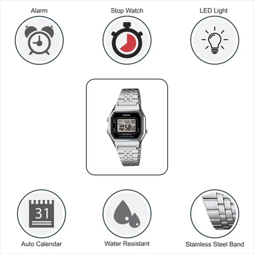 Vista 3 de Casio Reloj retro digital de tono plateado para mujer LA-680WA-1DF