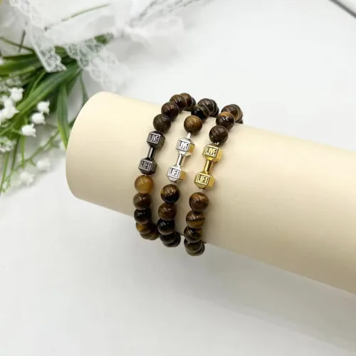 Vista 7 de Pulsera de mancuernas negra hecha a mano, para gimnasio, hermanos, fitness, piedra volcánica, piedra de lava volcánica, ajustable, pulsera