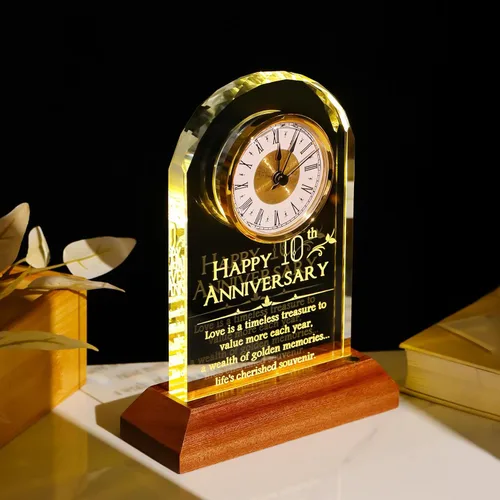 Vista 6 de YWHL Regalos de Reloj del 10º Aniversario de Boda para Parejas, Regalo de Cristal de Feliz 10 Años de Aniversario para Ella y Él, Regalos de Reloj