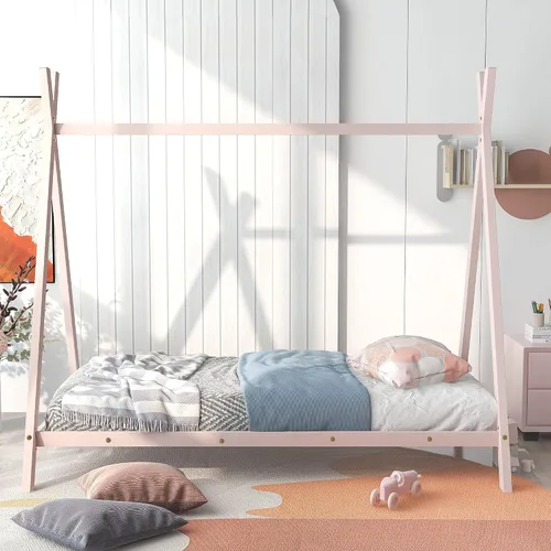 Vista 3 de Cama de casa individual para niños, cama Montessori de metal, marco de cama, cama de juego con listones para niñas y niños, no necesita somier