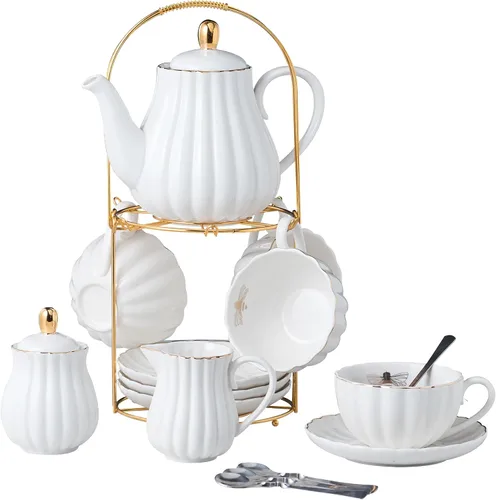 Vista 10 de CLAY TONIC- Juego de tazas de té y café de porcelana fina púrpura de 8 oz, tazas y platillos, con tetera, azucarero, jarra para crema, cucharaditas