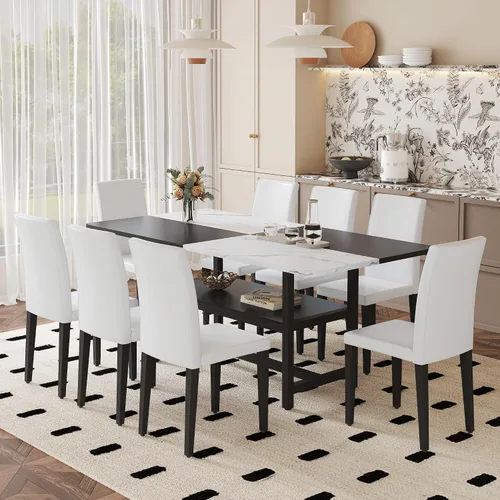 Vista 31 de Juego de mesa de comedor de 71 pulgadas para 6 personas con estante de almacenamiento, juego de mesa de comedor rectangular industrial moderna