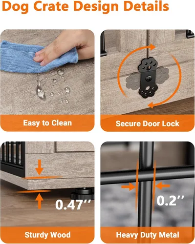 Vista 8 de YaFiti Mueble de jaula para perros con cojín, perrera de madera para interiores con puertas dobles, jaula para perros con ruedas, mesa auxiliar