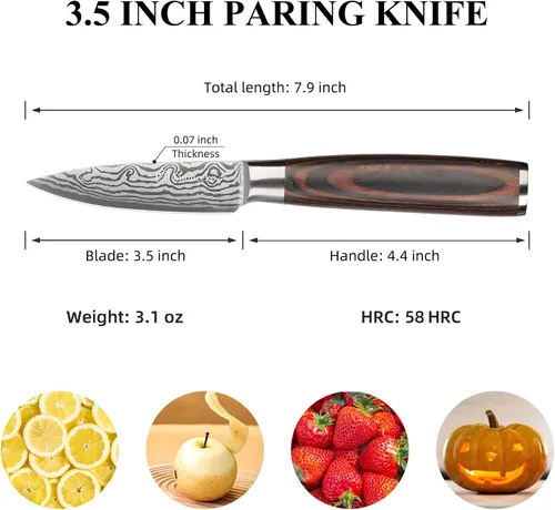 Vista 3 de Sunnecko Cuchillo de Cocina Pequeño de 3.5 Pulgadas, Cuchillo Mondador de Acero Inoxidable de Alto Carbono, Cuchillo de Fruta con Mango de Madera