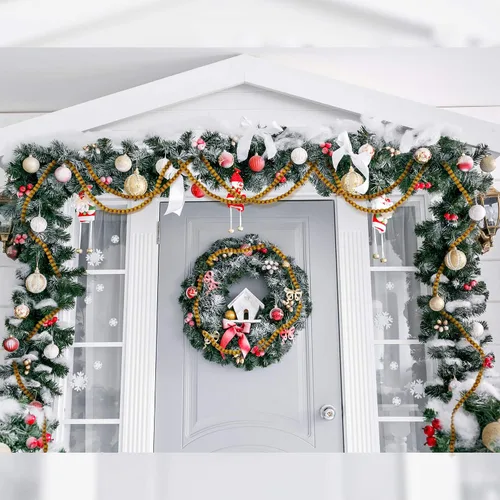 Vista 5 de Guirnalda de cuentas de madera de Navidad, guirnalda de cuentas de madera, decoración de árbol de Navidad para recuerdos de vacaciones, 12 pies