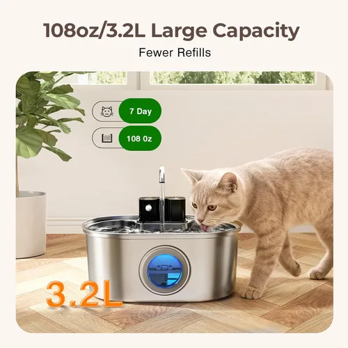 Vista 4 de PEKTACO Fuente de agua inalámbrica para gatos de acero inoxidable, de 108 oz/3.2 L, fuente de agua para mascotas sin cables operada por batería