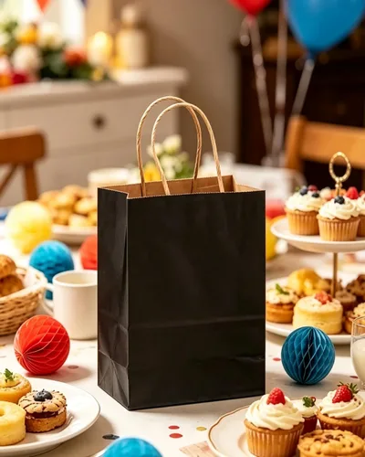 Vista 5 de qiqee Paquete de 26 bolsas de regalo negras con asas a granel de 8.3 x 3 x 6 pulgadas, bolsas de papel kraft de tamaño pequeño para fiestas