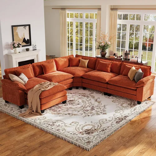 Vista 137 de Sofá modular de gran tamaño de 154 pulgadas, cómodo sofá en forma de U con 3 otomanas móviles, sofá moderno de felpilla de 7 plazas para sala