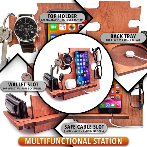 Vista 3 de Estación de acoplamiento para teléfono, soporte de reloj de madera, organizador de mesita de noche, regalos para él, gadgets para hombres, regalo