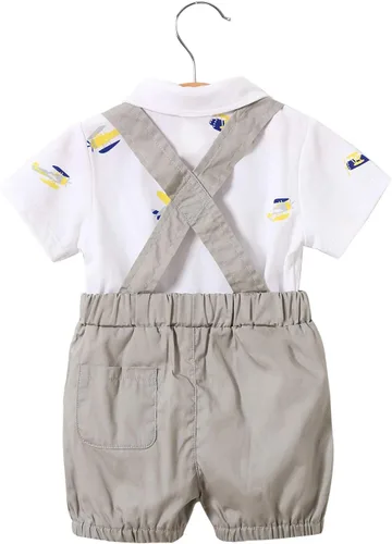 Vista 3 de YFYBaby Conjunto de ropa de caballero para bebés recién nacidos y niños, camisa de manga corta + pantalones con peto + overol con lazo