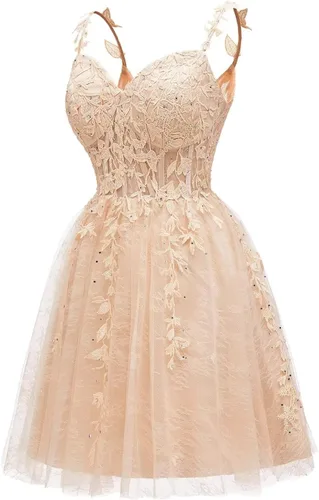 Vista 5 de Vestidos cortos de tul con apliques de encaje para mujer, cuello en V, vestidos cortos de cóctel para adolescentes