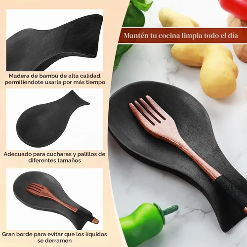 Vista 4 de Patelai Soporte para cucharas de madera de acacia para estufa, soporte de bambú para soporte de espátula para cocina, soporte para cuchara