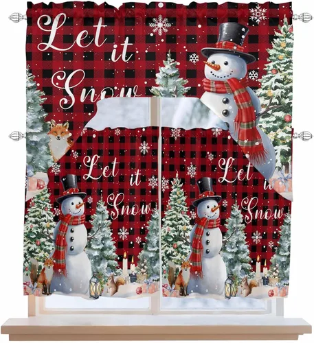 Vista 2 de Juego de cortinas de cocina con cenefa de Navidad de invierno, 3 piezas con bolsillo para barra, cortinas para dormitorio, sala de estar, baño