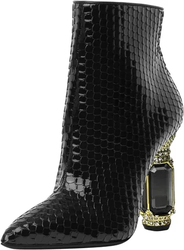 Vista 61 de FSJ Botas de tacón alto con punta puntiaguda para mujer, con tacón alto, con cremallera lateral brillante, estilo casual, para uso diario, zapatos