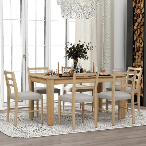 Vista 124 de Juego de mesa de comedor vintage de 6 piezas, juego de mesa de comedor de cocina de madera maciza con 4 sillas ergonómicas acolchadas y banco, mesa