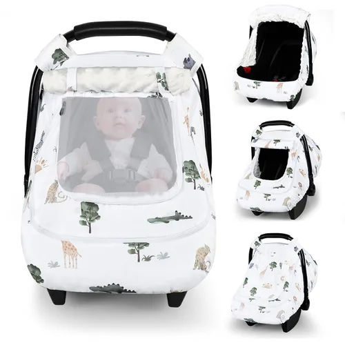 Vista 12 de Funda para asiento de auto Pea Pod para bebé, capota para asiento de auto infantil para recién nacidos con 2 capas de ventanas de tela de malla