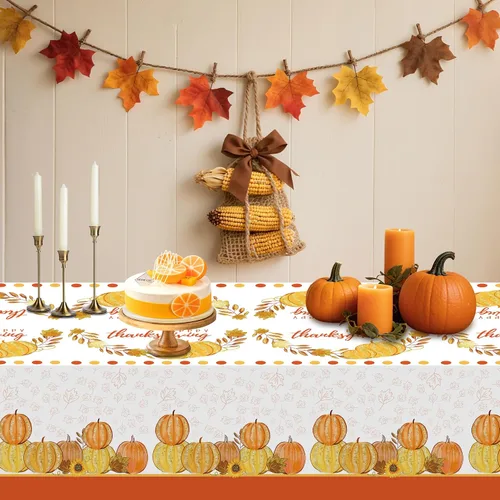 Vista 8 de ATFUNSHOP Mantel de Acción de Gracias, paquete de 2 manteles desechables de 54 x 108 pulgadas, suministros para fiestas, calabazas, hojas de otoño