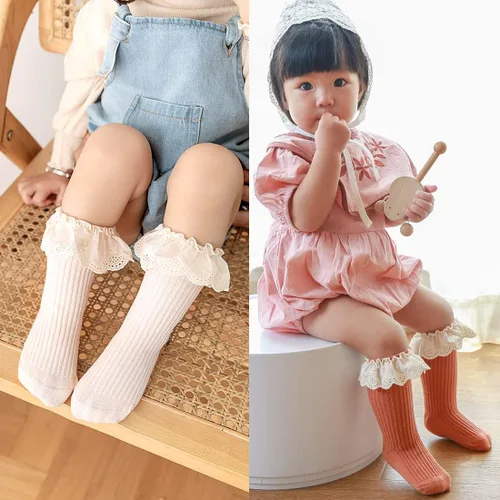 Vista 5 de HOUSEYUAN Calcetines largos con volantes para bebés y niñas para recién nacidos con encaje en el muslo con volantes medias largas para niños de 6 a