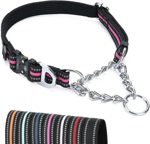 Vista 15 de Collar Martingala para perros con cadena de acero inoxidable (S, negro) Ajustable, a prueba de escapes, costuras reflectantes para paseos