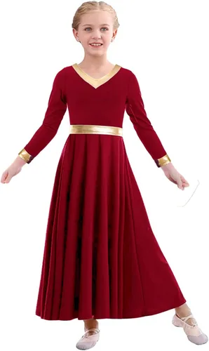 Vista 2 de Vestido de baile de alabanza para niñas, color dorado metálico, vestido litúrgico, vestido de iglesia, vestido de longitud completa, disfraz lírico