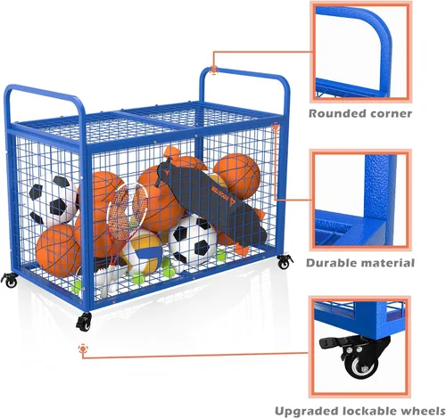 Vista 4 de Carrito de bolas de almacenamiento para garaje compatible con divisor opcional, jaula de baloncesto extragrande para interiores y exteriores