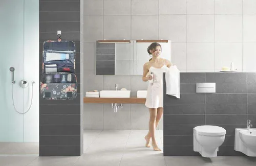 Vista 7 de Neceser portátil para viajes, con gancho, impermeable, organizador de maquillaje, cosmetiquero para mujeres y niñas, Flores grises profundas.)
