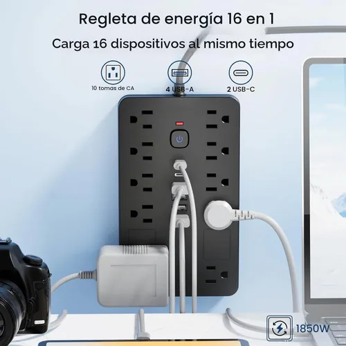 Vista 2 de Cable de extensión con protector de sobretensiones de 6 pies con 10 tomas Negro