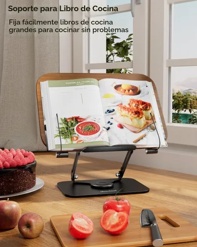 Vista 2 de aboutool - Soporte ajustable para libros con base giratoria de 360° y clips de página, soporte plegable para libros de cocina, soporte para libros