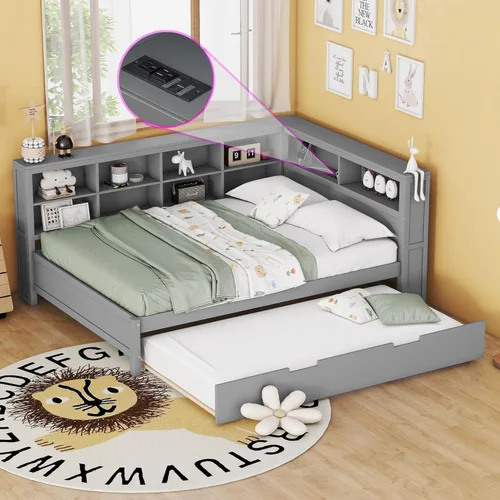 Vista 20 de HomSof Cama individual con 2 cajones, madera maciza, no necesita somier, gris