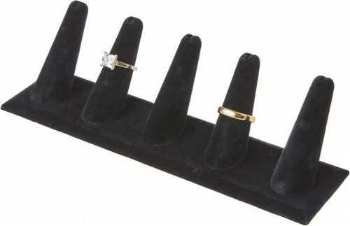 Vista 2 de Plymor Pantalla de dedo de anillo de terciopelo negro, cinco en base rectangular, 8 pulgadas de ancho x 2.125 pulgadas de profundidad x 2.5 pulgadas