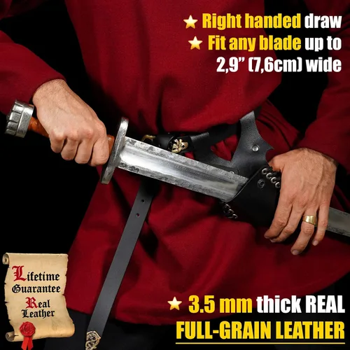 Vista 4 de Cinturón medieval con vaina para espada aventurero con soporte de cuero para espada universal, espada larga, cutlass