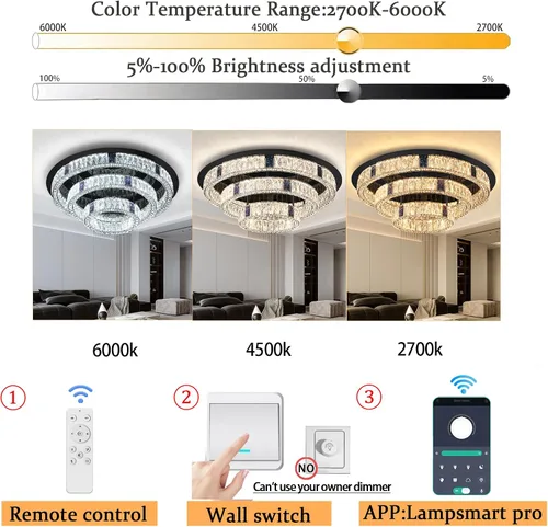 Vista 6 de Candelabro de cristal LED moderno de 32 pulgadas para sala de estar, lámpara redonda de cristal de 3 niveles, lámpara de techo de cristal negro