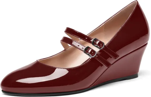 Vista 24 de SHOWFOREST Zapatos de tacón bajo con hebilla de punta redonda para mujer, con correa ajustable y correa ajustable, 2 pulgadas Beige