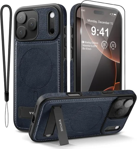 Vista 17 de WTCASE Funda magnética de piel para iPhone 17 Pro, soporte invisible integrado [compatible con Magsafe], funda protectora delgada con función atril