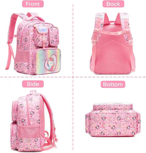 Vista 8 de Mochila para niñas de 5 a 8 años para jardín de infantes y escuela primaria Rosa