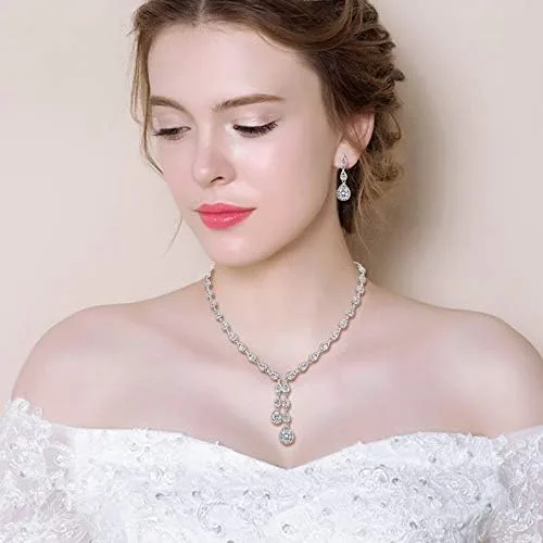 Vista 3 de EleQueen Juego de collar y aretes de lágrima floral con circonita cúbica brillante para mujer, juego de joyería nupcial para mujer, fiesta, baile