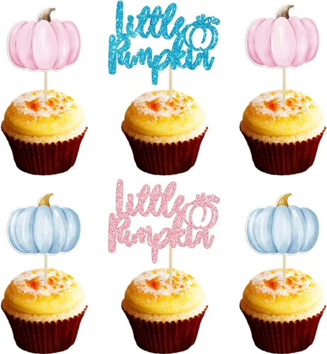 Vista 19 de Gyufise 24 adornos para cupcakes de calabaza rosa, decoración de pastel de baby shower, decoración para baby shower con temática de calabaza