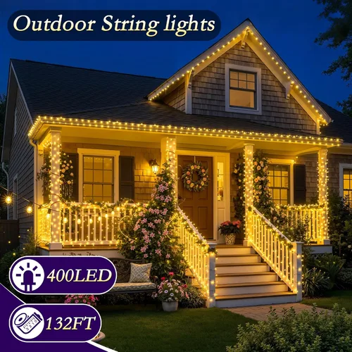 Vista 7 de Tira de luces LED para exteriores de 132 pies, 400 luces LED enchufables IP67, impermeables, con control remoto, 11 modos regulables, blanco cálido