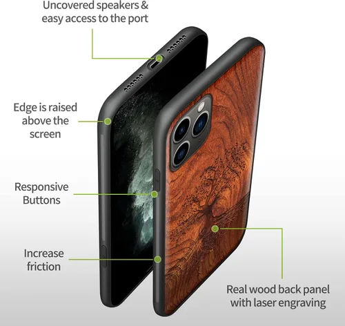 Vista 8 de Carveit Funda de madera para iPhone 11 Pro Max [madera real dura y TPU suave negro] a prueba de golpes, protector de teléfono de madera único