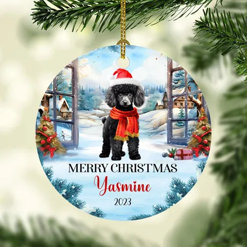 Vista 4 de Adorno personalizado de caniche negro, regalo para perro, mamá, perro, papá, adorno de Navidad único de perro caniche negro 2025, adorno de caniche