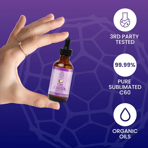 Vista 2 de C60 Power MCT - Aceite de coco orgánico de 2 onzas, 99.99% de fullerenos de carbono puro Levante la carga oxidativa, optimice la función