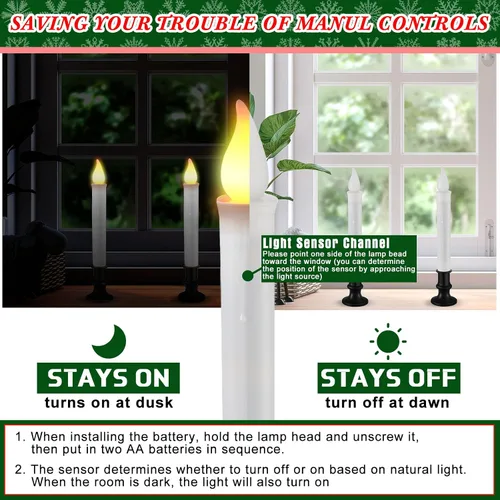 Vista 4 de Baquler 8 piezas de velas de ventana LED de Navidad con sensor del anochecer al amanecer, sensor de luz, 23.8 cm, velas sin llama con batería, velas