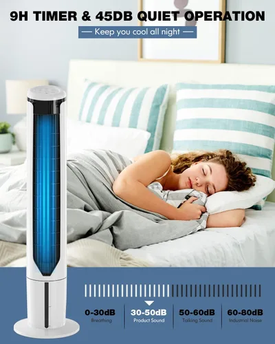 Vista 3 de ARLIME Enfriador de aire evaporativo, ventilador de torre oscilante con control remoto, oscilación de 70°, 3 velocidades y temporizador de 9 horas