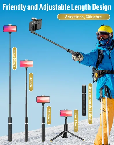 Vista 2 de Trípode para selfie para teléfono: soporte para teléfono para grabación, Bluetooth Selfie Stick para iPhone compatible con Android