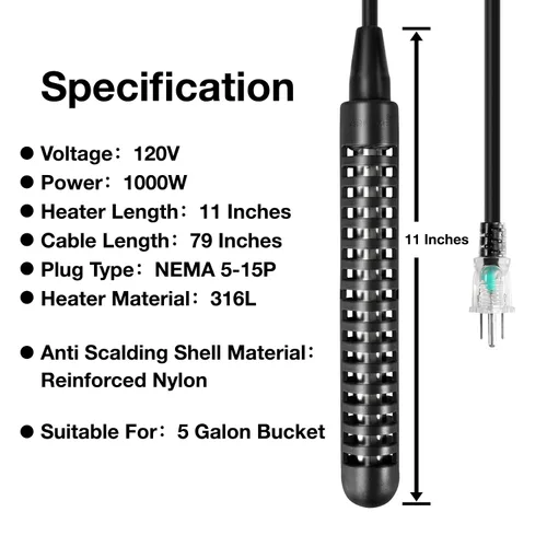 Vista 3 de GRILLME Calentador de agua de inmersión de 1000 W con controlador de temperatura inteligente, calentador eléctrico portátil totalmente sumergible