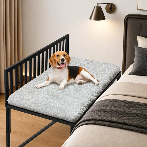 Vista 9 de Junto a la cama para perro, literas para perros de altura ajustable, marco de cama de metal para perros de 25 x 17 pulgadas con cojín (mediano)